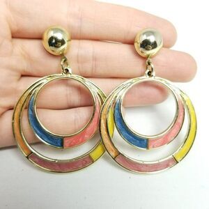 Vintage Colorful Enamel Dangle Hoop Earrings, Stud, Door Knocker Style, Estate